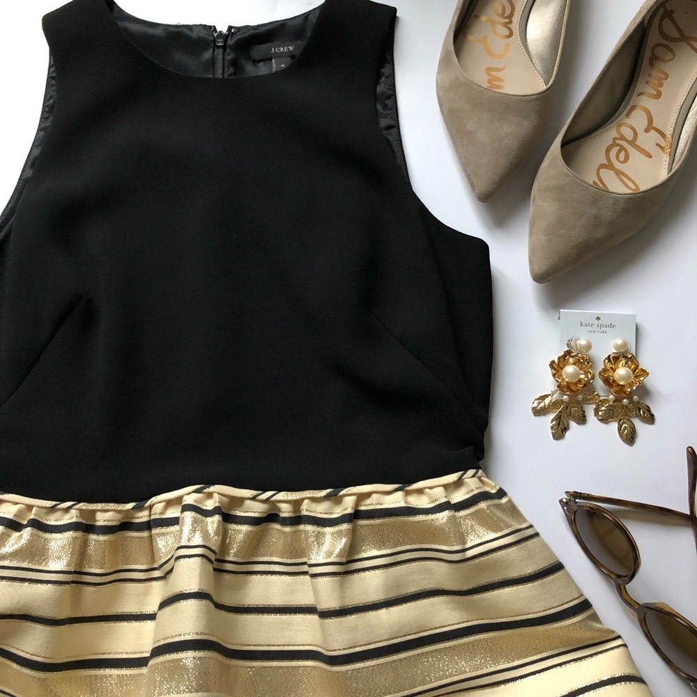 J. Crew Black and Gold Striped Fit-and-Flare Mini Dress